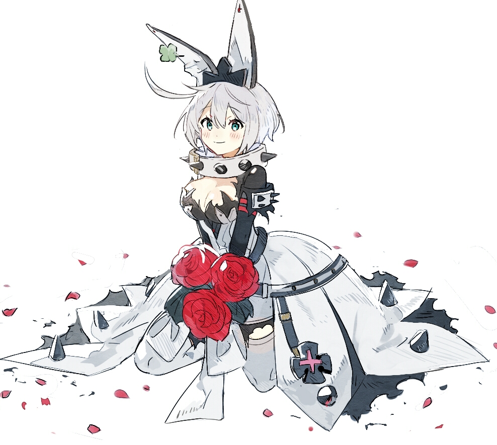 elphelt valentine, guilty gear, guilty gear xrd, 1girl, ahoge, animal ear hairband, animal ears, black dress, blue eyes, bouquet, breasts, cleavage, clover, clover hair ornament, collar, dress, fake animal ears, flower, four-leaf clover, full body, hair ornament, hairband, high-low dress, holding, holding bouquet, kneeling, large breasts, light blush, looking at viewer, pakashan, petals, red flower, red rose, ribbon, rose, short hair, shoulder spikes, simple background, smile, solo, spiked collar, spiked dress, spikes, thighhighs, two-tone dress, v arms, white background, white dress, white hair, white ribbon, white thighhighs