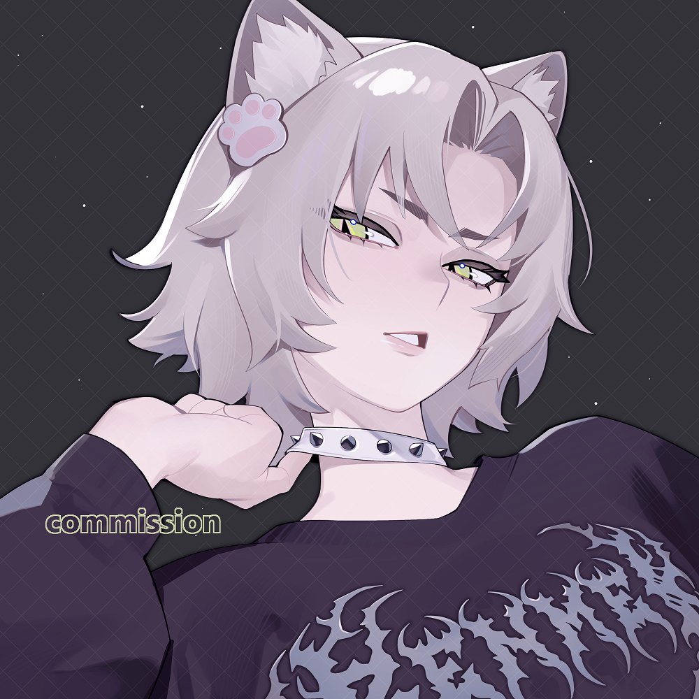 lavelis, original, commission, 1girl, animal ear fluff, animal ears, black shirt, choker, grey choker, grey hair, hair ornament, long sleeves, looking at viewer, parted bangs, parted lips, pink lips, shirt, short hair, simple background, slit pupils, solo, spiked choker, spikes, yellow eyes