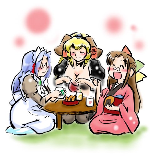 azuki osamitsu, 95-tan, daiginjou, kiri-san, futaba channel, os-tan, bad id, bad pixiv id, lowres, animal ears, blonde hair, brown hair, glasses, long hair, maid