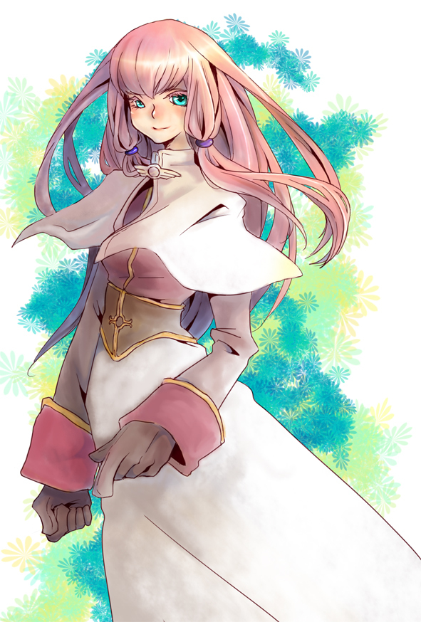 acolyte (ragnarok online), ragnarok online, commentary request, 1girl, blue eyes, blush, brown gloves, brown shirt, closed mouth, cowboy shot, gloves, green background, long hair, long sleeves, looking at viewer, omichizuru, pink hair, shirt, sidelocks, skirt, smile, solo, white skirt