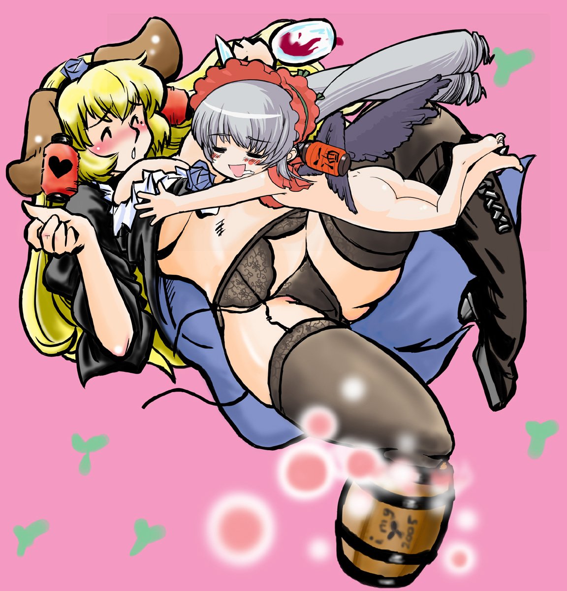 azuki osamitsu, akachouchin, daiginjou, futaba channel, bad id, bad pixiv id, highres, 2girls, alcohol, animal ears, ass, barefoot, black panties, black thighhighs, blonde hair, blush, breasts, garter belt, large breasts, loli, long hair, multiple girls, nude, panties, thighhighs, underwear, wine