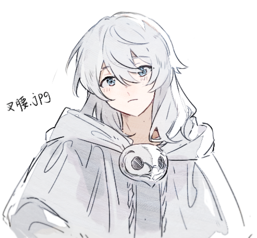 themis (ff14), final fantasy, final fantasy xiv, chinese commentary, 1boy, :<, blue eyes, capelet, chinese text, expressionless, hair between eyes, head tilt, hood, hood down, hooded capelet, light blush, looking at viewer, male focus, mask, mask around neck, medium hair, pakashan, robe, simple background, solo, sophist's robe (ff14), unworn mask, upper body, white background, white capelet, white hair, white robe