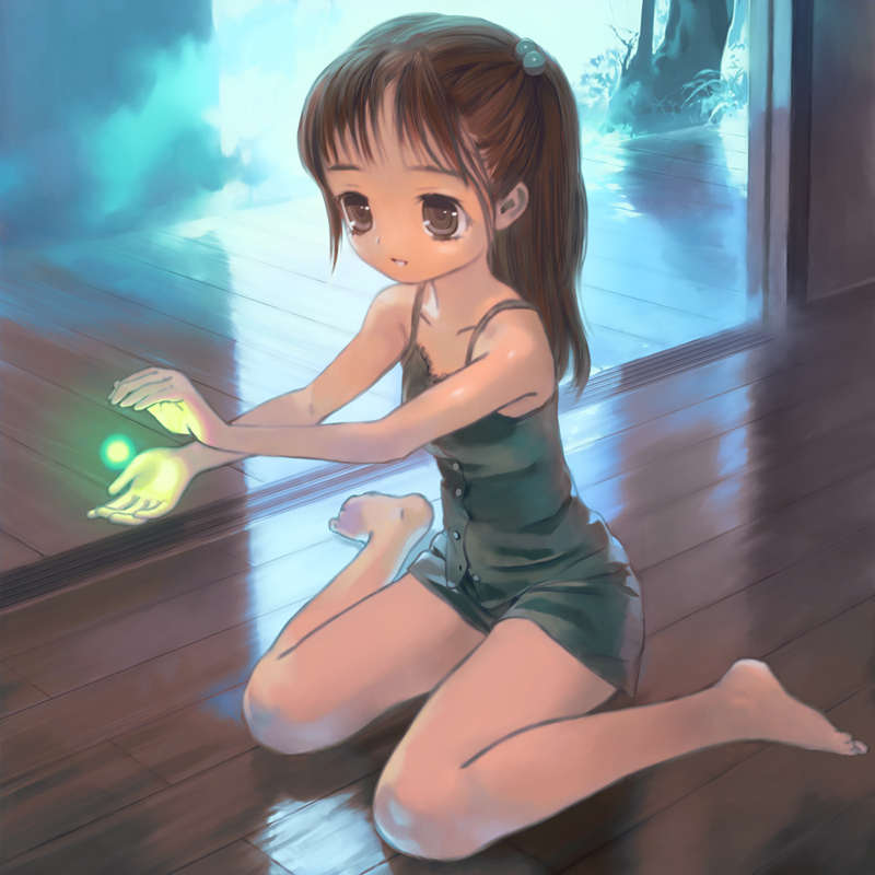 okayu (crosspoint), original, light, bad id, bad pixiv id, 1girl, bare shoulders, barefoot, brown eyes, brown hair, camisole, dress, feet, female focus, flat chest, floor, fog, glowing, hair bobbles, hair ornament, indoors, kneeling, leaf, shorts, side ponytail, solo, tree, wooden floor