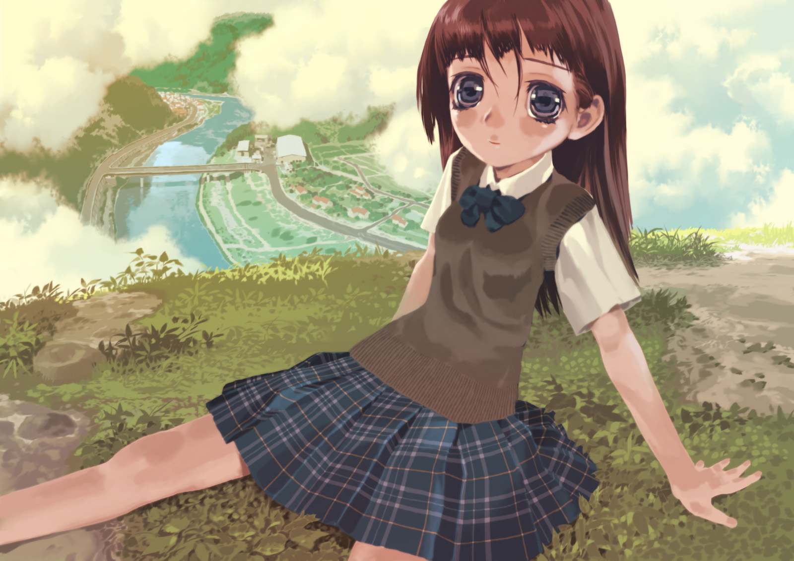 okayu (crosspoint), bad id, bad pixiv id, highres, 1girl, arm support, blue bow, blue bowtie, blue eyes, blue skirt, bow, bowtie, breasts, brown hair, cityscape, cloud, collared shirt, female focus, grass, hill, long hair, looking at viewer, miniskirt, plaid clothes, plaid skirt, river, road, scenery, school uniform, shirt, short sleeves, sitting, skirt, small breasts, solo, sweater, sweater vest, water, white shirt