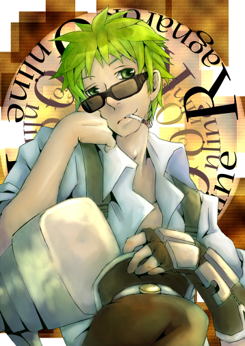 blacksmith (ragnarok online), ragnarok online, commentary request, 1boy, black-framed eyewear, brown background, brown gloves, cigarette, closed mouth, fingerless gloves, gloves, green eyes, looking at viewer, male focus, omichizuru, shirt, short hair, short sleeves, single glove, solo, sunglasses, upper body, white shirt