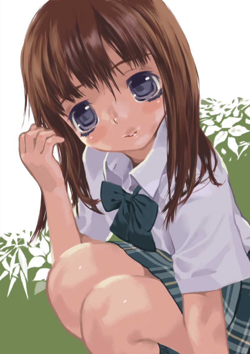 okayu (crosspoint), bad id, bad pixiv id, tagme, blue eyes, blush, brown hair, school uniform, solo