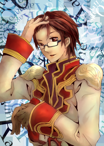 high priest (ragnarok online), ragnarok online, commentary request, 1boy, blue background, brown eyes, brown gloves, brown hair, coat, glasses, gloves, gold trim, hand in own hair, long sleeves, looking at viewer, male focus, multicolored coat, omichizuru, open mouth, red coat, semi-rimless eyewear, short hair, single glove, solo, two-tone coat, under-rim eyewear, upper body, white coat
