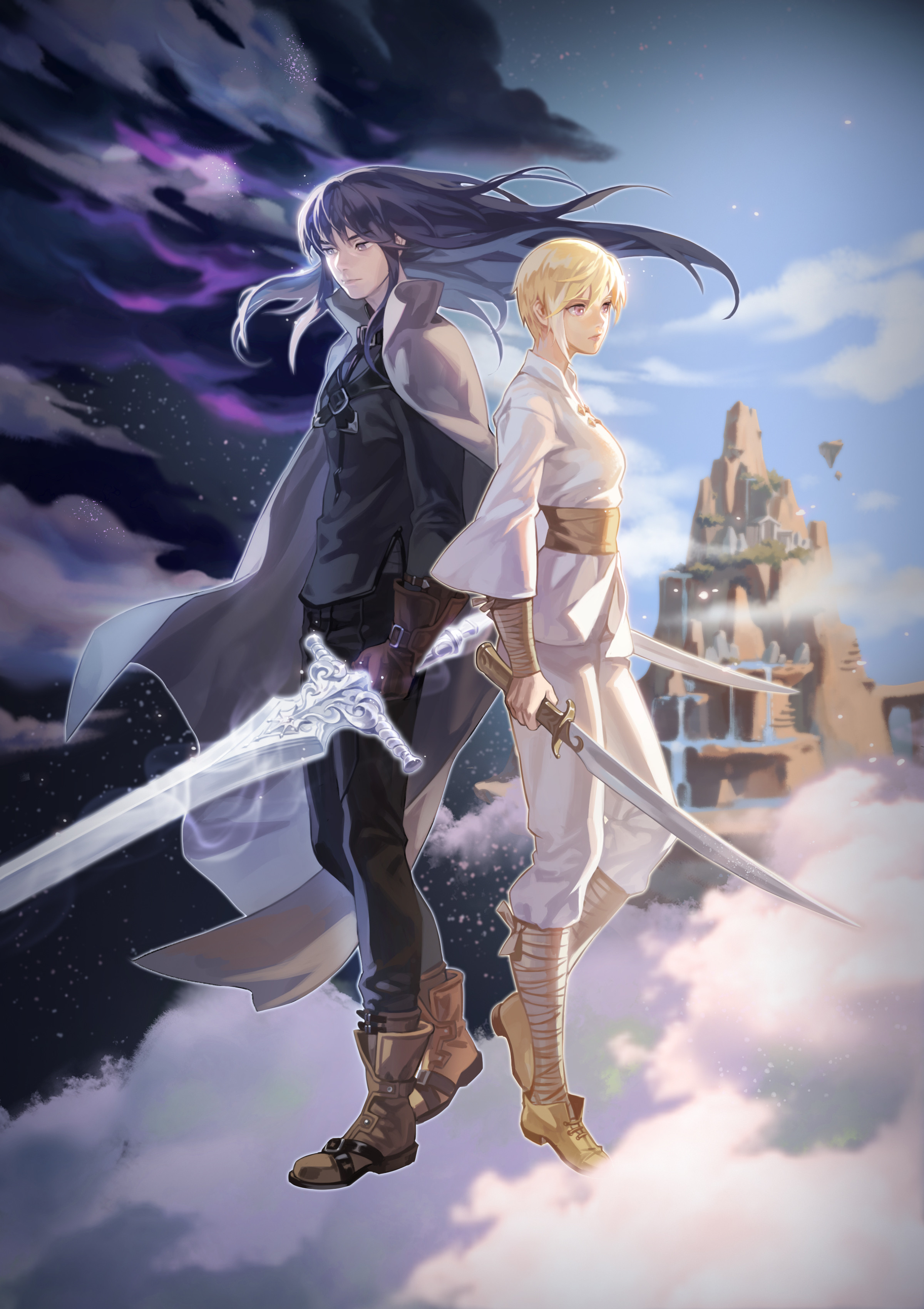 sang ah yoon, boris jinneman, isolestie (children of the rune), children of the rune, tales weaver, absurdres, commentary, english commentary, highres, official art, 1boy, 1girl, ankle boots, arm wrap, back-to-back, belt, belt buckle, black belt, black pants, black shirt, black sleeves, blonde hair, blue hair, boots, breasts, brown boots, buckle, building, closed mouth, cloud, cloudy sky, collared cloak, crossed belts, day, dual persona, eyelashes, floating hair, glowing, glowing sword, glowing weapon, grey cloak, grey eyes, high collar, holding, holding sword, holding weapon, leg wrap, lips, long hair, long sleeves, medium breasts, night, night sky, outline, pants, pink eyes, shirt, shoes, short hair, side slit, sidelighting, single hair streak, sky, star (sky), starry sky, sword, water, weapon, white hair, white outline, white pants, white shirt, white sleeves, wide sleeves, yellow shoes