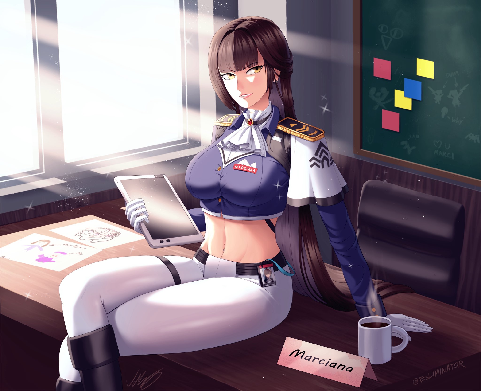 doro (nikke), marciana (nikke), goddess of victory: nikke, commentary, highres, 1girl, arm support, ascot, belt, black belt, black boots, black jacket, blunt bangs, boots, breasts, brown eyes, brown hair, chair, chalkboard, coffee, coffee mug, crop top, cropped jacket, crossed legs, cup, earrings, epaulettes, esliminator, gloves, groin, holding, holding tablet pc, id card, indoors, jacket, jewelry, knee boots, large breasts, light rays, long hair, long sleeves, looking at viewer, midriff, military jacket, mug, name tag, navel, navel piercing, on table, pants, parted lips, piercing, shadow, sidelocks, sitting, smile, solo, steam, table, tablet pc, thigh strap, tight clothes, tight pants, very long hair, white ascot, white gloves, white pants, window