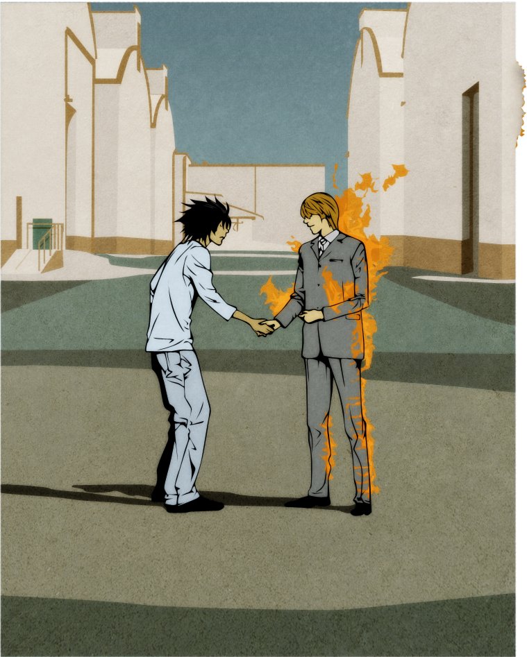 l (death note), yagami light, death note, pink floyd, wish you were here, derivative work, 2boys, album cover, album cover redraw, bags under eyes, black hair, brown hair, cover, crossover, fire, formal clothes, handshake, male focus, multiple boys, parody, suit