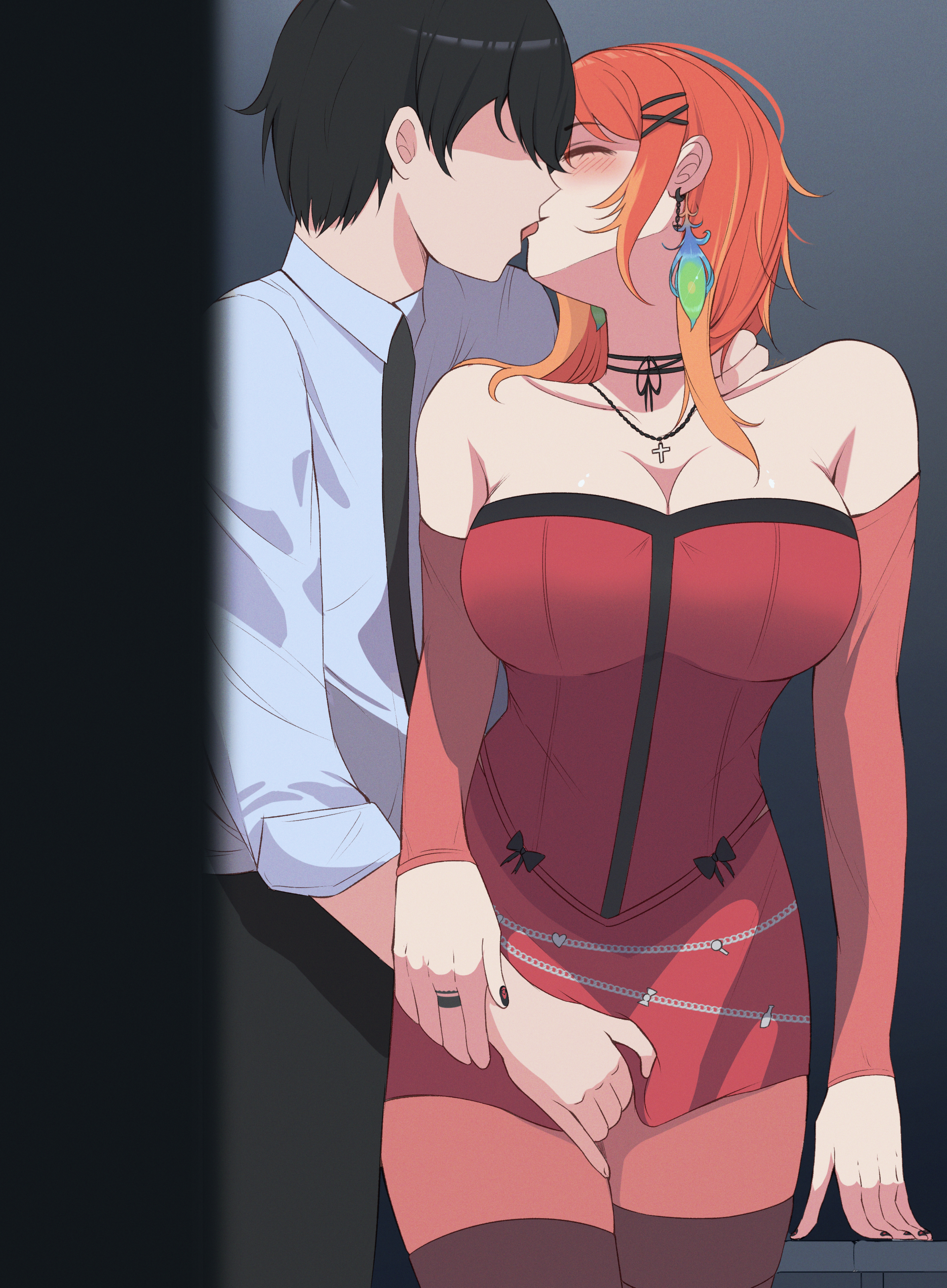 cheseu, takanashi kiara, hololive, hololive english, absurdres, highres, 1boy, 1girl, bare shoulders, black hair, black nails, black necktie, black pants, blush, breasts, closed eyes, collarbone, detached sleeves, earrings, faceless, faceless male, feather earrings, feathers, french kiss, gradient background, grey background, hair ornament, hairclip, hetero, jewelry, kiss, large breasts, miniskirt, necktie, official alternate costume, orange hair, pants, pendant, red shirt, red skirt, shirt, skirt, tasty (takanashi kiara), virtual youtuber, white shirt