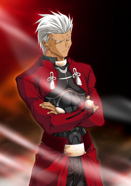 archer (fate), fate/stay night, fate (series), 00s, 1boy, angry, dark-skinned male, dark skin, gradient background, male focus, solo, white hair