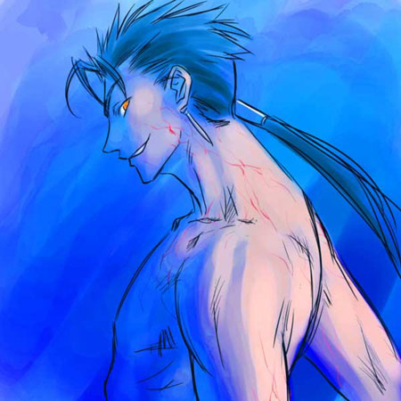 cu chulainn (fate), cu chulainn (lancer) (fate), fate/stay night, fate (series), lowres, 00s, 1boy, blue background, blue hair, blue theme, earrings, grin, jewelry, long hair, male focus, muscular, neck, orange eyes, ponytail, scar, smile, solo, topless male