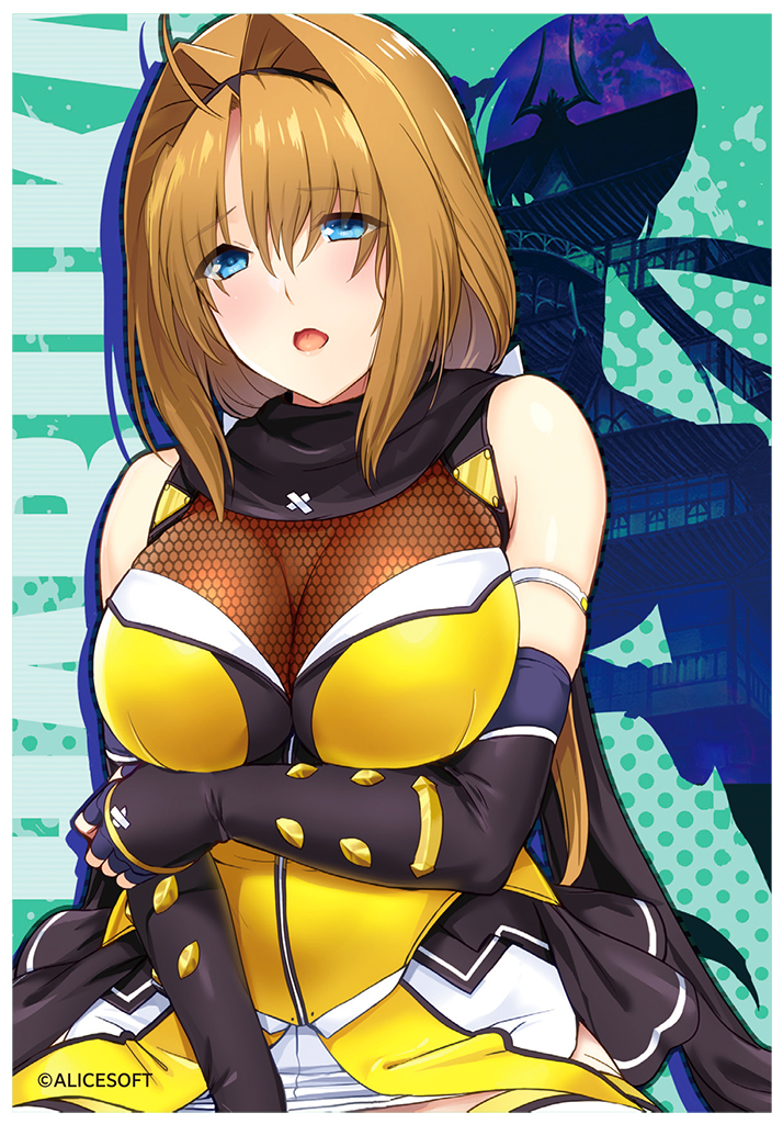 onigirikun, takamori haruka, alice soft, choukou (alicesoft), choukou sennin haruka, official art, 1girl, arm across chest, bare shoulders, blush, breasts, brown hair, cleavage, copyright name, holding own arm, kneeling, large breasts, ninja, open mouth, short hair, solo