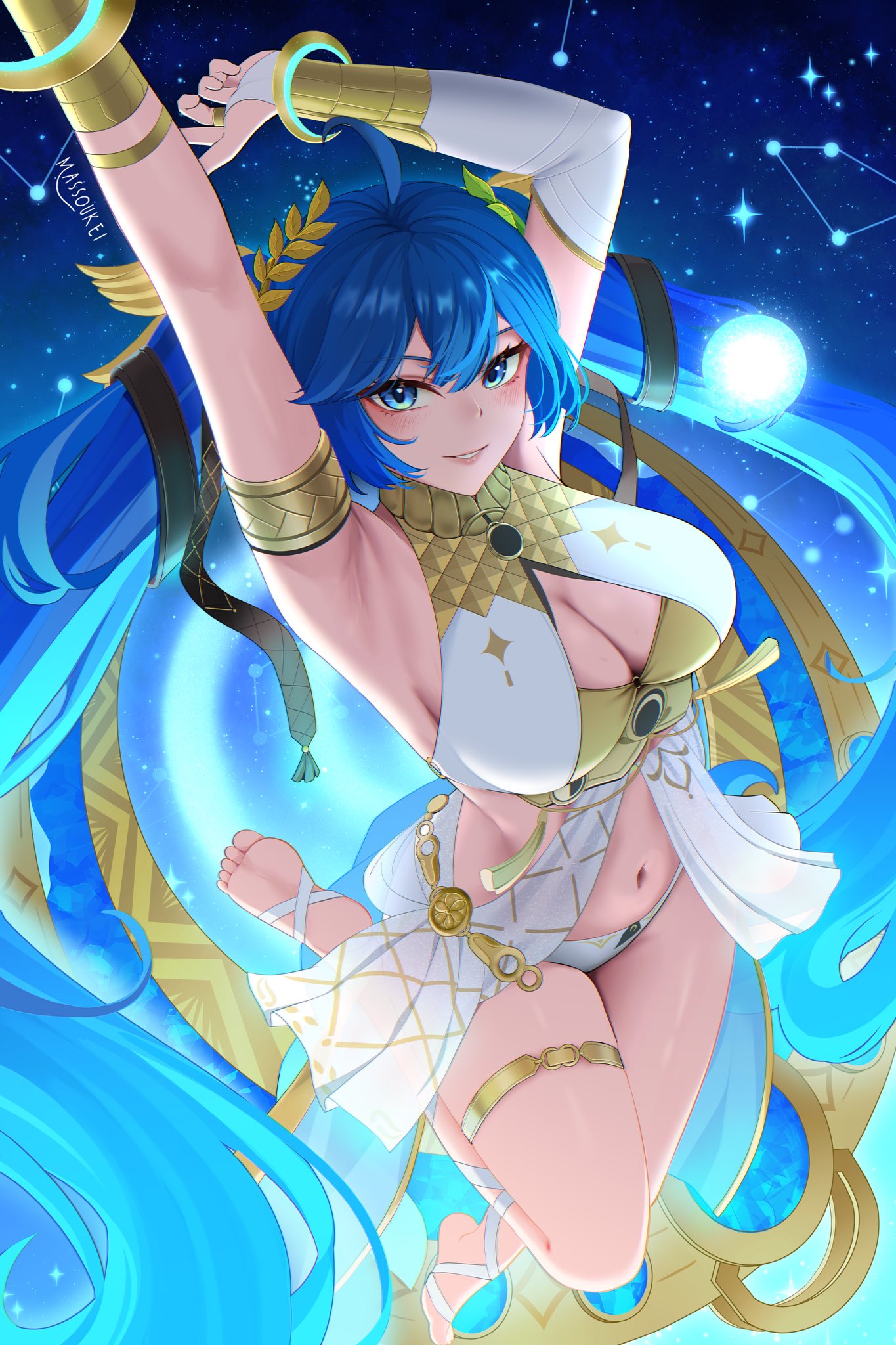 massoukei, iuno (wuthering waves), wuthering waves, commentary, highres, 1girl, ahoge, armlet, armpits, arms up, artist name, barefoot, blue eyes, blue hair, breasts, bridal gauntlets, cleavage, feet, jewelry, large breasts, laurel crown, long hair, looking at viewer, multicolored hair, navel, parted lips, single bridal gauntlet, smile, soles, solo, stomach, streaked hair, thighlet, thighs, toes, twintails, vambraces, very long hair, white bridal gauntlets