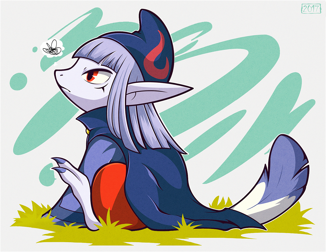 woofzilla, vaati, nintendo, the legend of zelda, the legend of zelda: the minish cap, 1boy, blue robe, blunt bangs, claws, facial mark, from side, full body, grey hair, hat, male focus, nostrils, pointy ears, red eyes, robe, sitting, solo, spoken squiggle, squiggle, tail