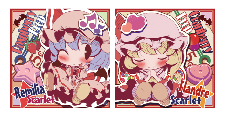 takahero, flandre scarlet, remilia scarlet, touhou, 2girls, ;p, chibi, female focus, multiple girls, one eye closed, tongue, tongue out, wink