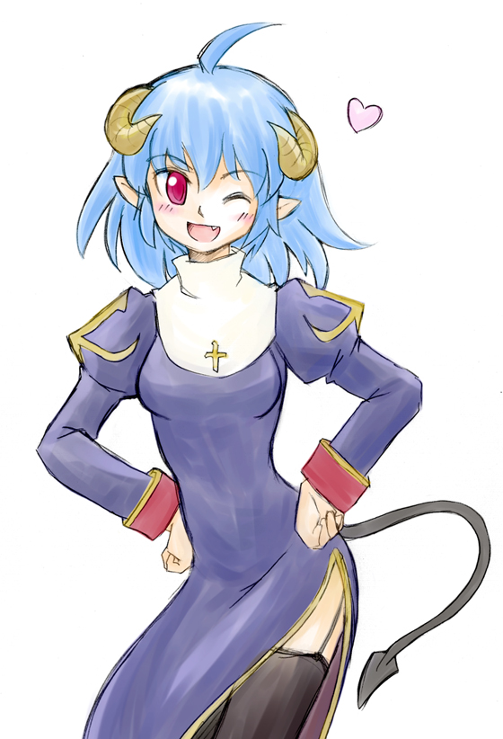 yazuma666, priest (ragnarok online), ragnarok online, commentary request, :d, ahoge, black thighhighs, blue dress, blue hair, blush, breasts, cowboy shot, demon girl, demon tail, dress, fang, garter straps, hands on own hips, heart, juliet sleeves, long sleeves, looking at viewer, medium hair, one eye closed, open mouth, pointy ears, puffy sleeves, red eyes, side slit, simple background, small breasts, smile, solo, tail, thighhighs, white background