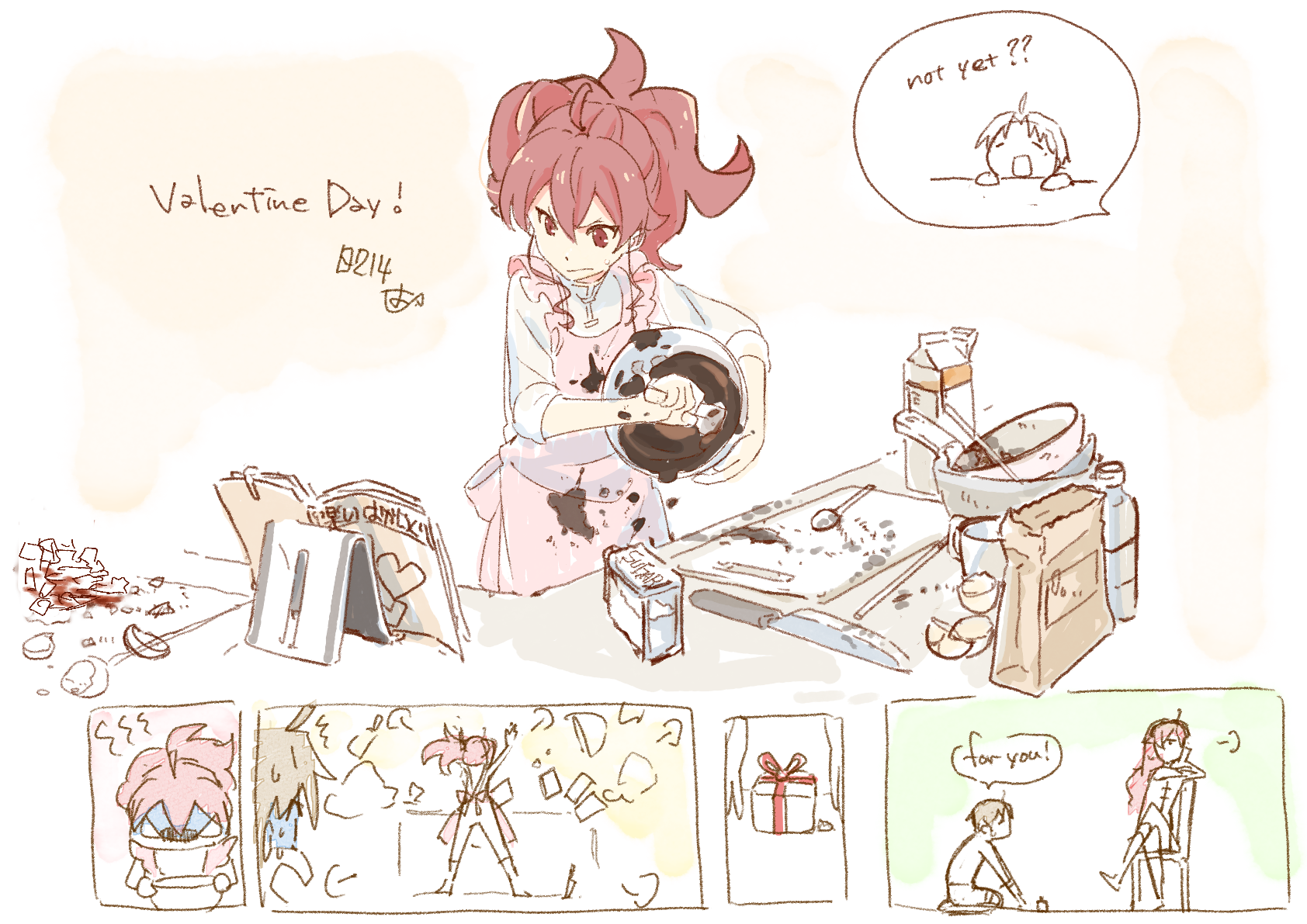 saitou yoshiko, eris greyrat, rudeus greyrat, mushoku tensei, highres, ahoge, apron, bag, book, bowl, box, chair, chocolate, cooking, eggshell, english text, gift, gift box, holding, holding bowl, holding whisk, kitchen, knife, milk carton, mixing bowl, on chair, open book, paper bag, pink apron, reading, red eyes, red hair, spoon, valentine, whisk