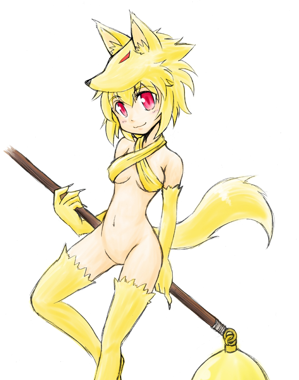 yazuma666, moonlight flower, ragnarok online, commentary request, 1girl, 2000s (style), animal feet, animal hands, bell, blush, bottomless, bra, breasts, closed mouth, criss-cross halter, feet out of frame, fox girl, fox hat, fox tail, halterneck, holding, holding staff, looking at viewer, medium breasts, no pussy, short hair, simple background, smile, solo, staff, tail, underwear, white background, yellow bra