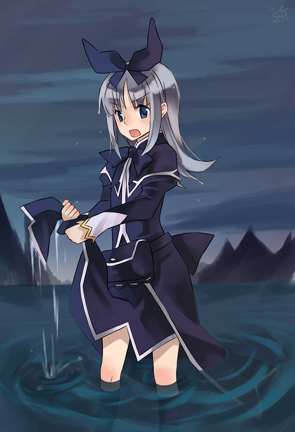 chuusa (pixiv134779), hanabi (artist), coopa, druaga no tou, silver hair, bad id, bad pixiv id, 1girl, blue eyes, dress, female focus, long hair, solo, wading, water, wet, wet clothes