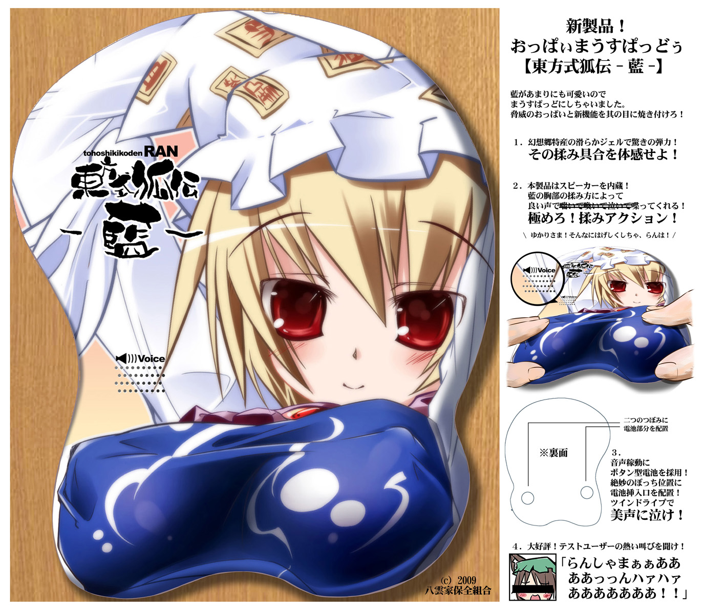 shin no, yamaguchi shinnosuke, yakumo ran, touhou, highres, translation request, 1girl, breast mousepad, female focus, mousepad (medium), solo