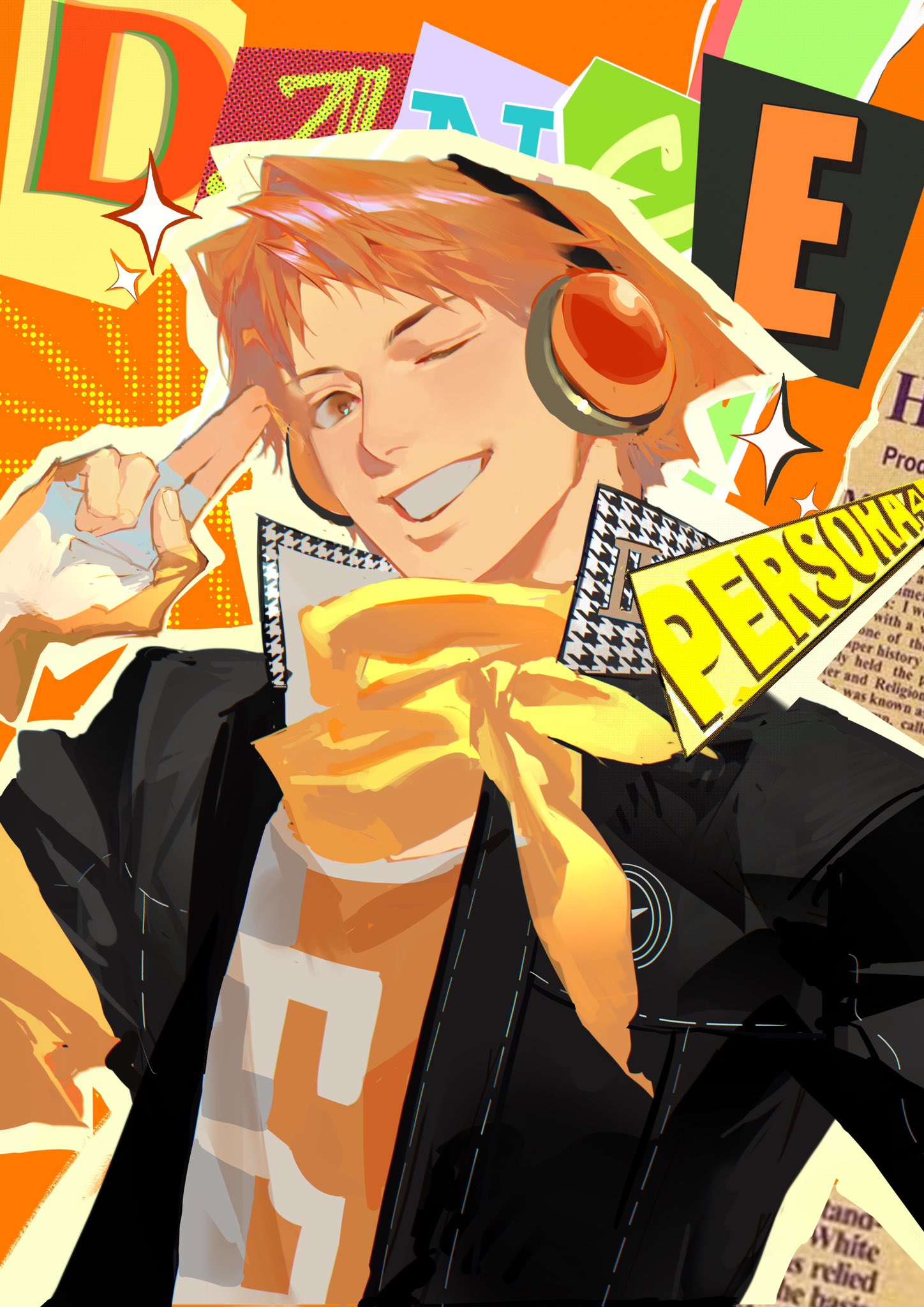 hanamura yousuke, persona, persona 4, persona 4: dancing all night, persona dancing, commentary, english commentary, highres, 1boy, bandana, black jacket, english text, fingerless gloves, gloves, headphones, jacket, looking at viewer, male focus, one eye closed, orange eyes, orange hair, short hair, solo, sparkle, upper body, yellow bandana, yinbito