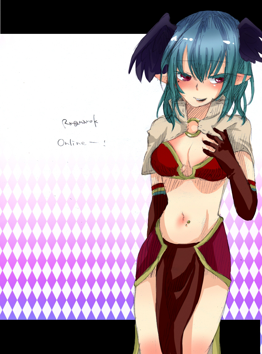 mage (ragnarok online), ragnarok online, commentary request, 1girl, bikini, bikini top only, black wings, blue hair, blush, breasts, brown capelet, brown gloves, capelet, checkered background, cleavage, copyright name, elbow gloves, feathered wings, gloves, hand on own chest, head wings, jamco, letterboxed, looking at viewer, medium breasts, medium hair, midriff, navel, navel piercing, open mouth, pelvic curtain, piercing, pointy ears, purple background, red bikini, red eyes, red skirt, showgirl skirt, skirt, solo, swimsuit, white background, wings