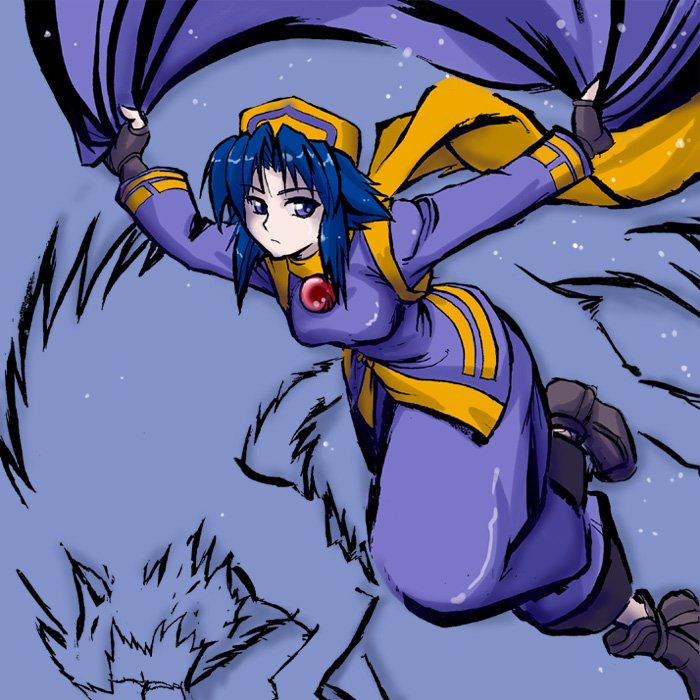 azuki osamitsu, rera, samurai spirits, snk, 1girl, ainu clothes, black gloves, blue background, blue hair, blue pants, blue shirt, blue theme, bodysuit, brooch, expressionless, female focus, fingerless gloves, gem, gloves, jewelry, looking at viewer, outstretched arms, pants, shirt, short hair, sidelocks, solo