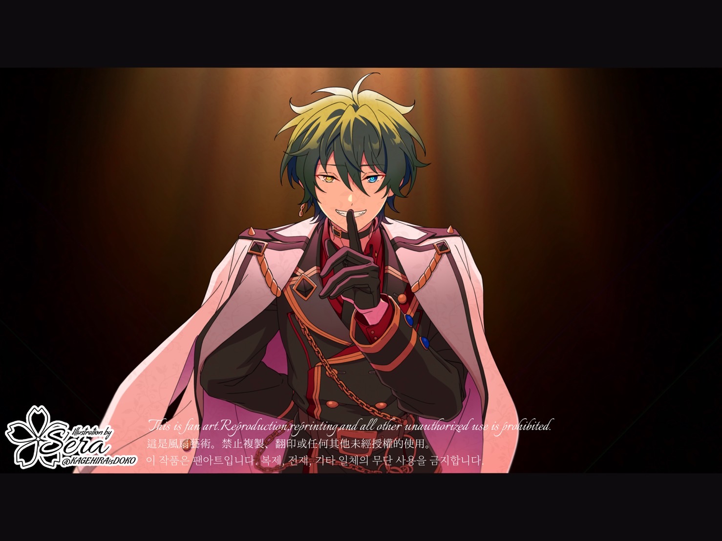 kagehira mika, ensemble stars!, commentary, symbol-only commentary, 1boy, arm behind back, artist name, belt, black gloves, blue eyes, chain, chain earrings, clenched teeth, coat, coat on shoulders, gloves, green hair, hair between eyes, hand up, heterochromia, index finger raised, kagehira wa doko ka ne!, lapels, letterboxed, long sleeves, looking at viewer, male focus, notched lapels, official alternate costume, short hair, smile, solo, teeth, twitter username, upper body, watermark, yellow eyes