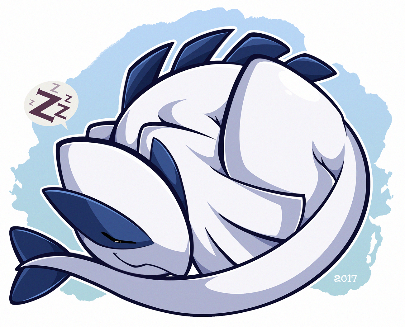 woofzilla, lugia, nintendo, pokemon, commentary, english commentary, closed eyes, closed mouth, full body, gen 2 pokemon, legendary pokemon, no humans, pokemon (creature), sleeping, solo, speech bubble, spoken zzz, white background, zzz