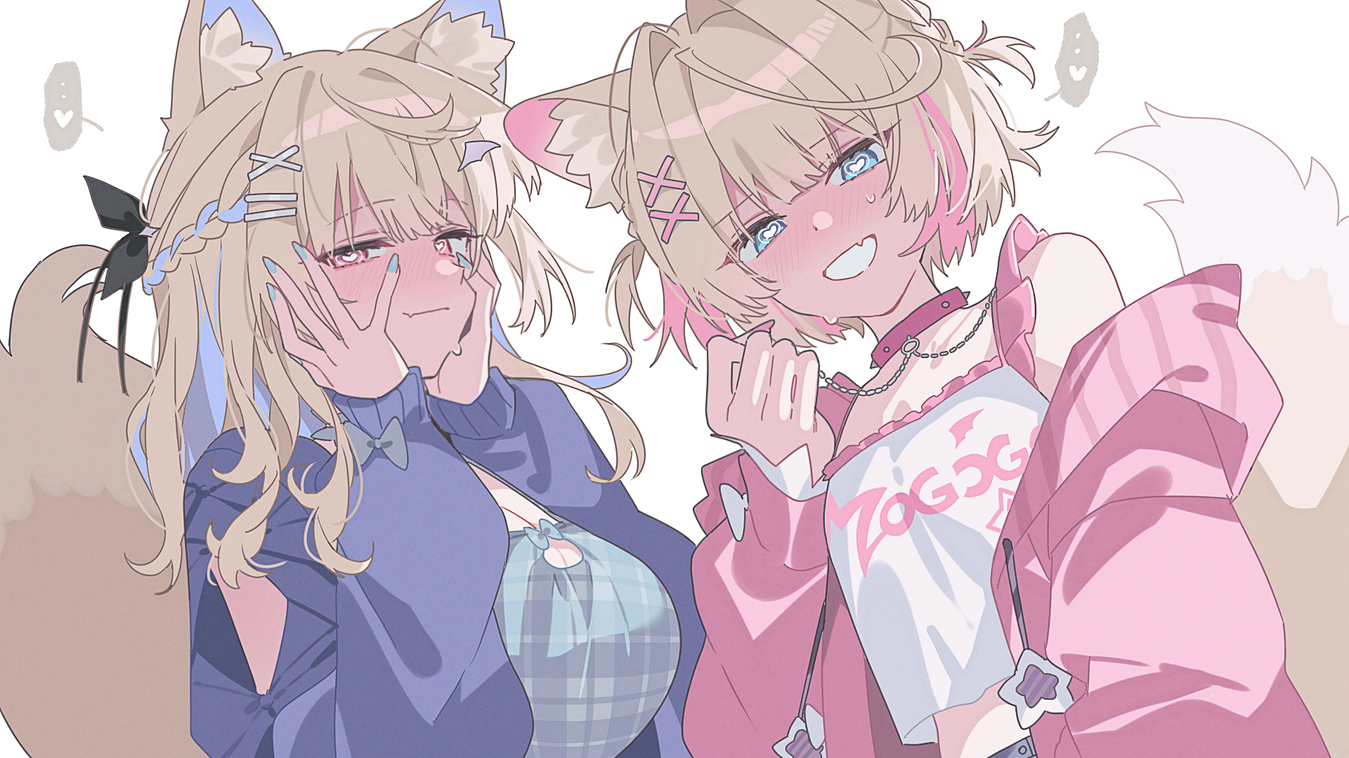 stemiomio, fuwawa abyssgard, fuwawa abyssgard (casual), mococo abyssgard, mococo abyssgard (casual), hololive, hololive english, highres, 2girls, animal ear fluff, animal ears, blonde hair, blue camisole, blue eyes, blue hair, blush, breasts, camisole, collar, dog ears, dog girl, fang, frilled straps, hands on own cheeks, hands on own face, heart, heart-shaped pupils, jacket, long sleeves, looking at viewer, multicolored hair, multiple girls, official alternate costume, open mouth, pink collar, pink eyes, pink hair, pink jacket, plaid camisole, siblings, sisters, skin fang, smile, streaked hair, sweatdrop, symbol-shaped pupils, tail, twins, virtual youtuber, white camisole, yandere, yandere trance