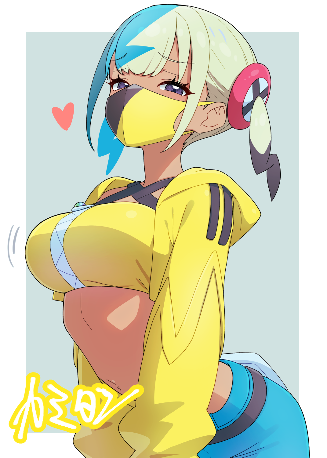 kamidan, canari (pokemon), nintendo, pokemon, pokemon legends: z-a, commentary request, highres, 1girl, blue hair, blue shorts, border, breasts, criss-cross halter, crop top, dark-skinned female, dark skin, eyelashes, green hair, grey background, halterneck, heart, jacket, large breasts, looking at viewer, mask, mouth mask, multicolored hair, navel, open clothes, open jacket, outside border, purple eyes, shorts, simple background, solo, split-color hair, strapless, tube top, two-tone hair, w, white border, yellow jacket, yellow tube top