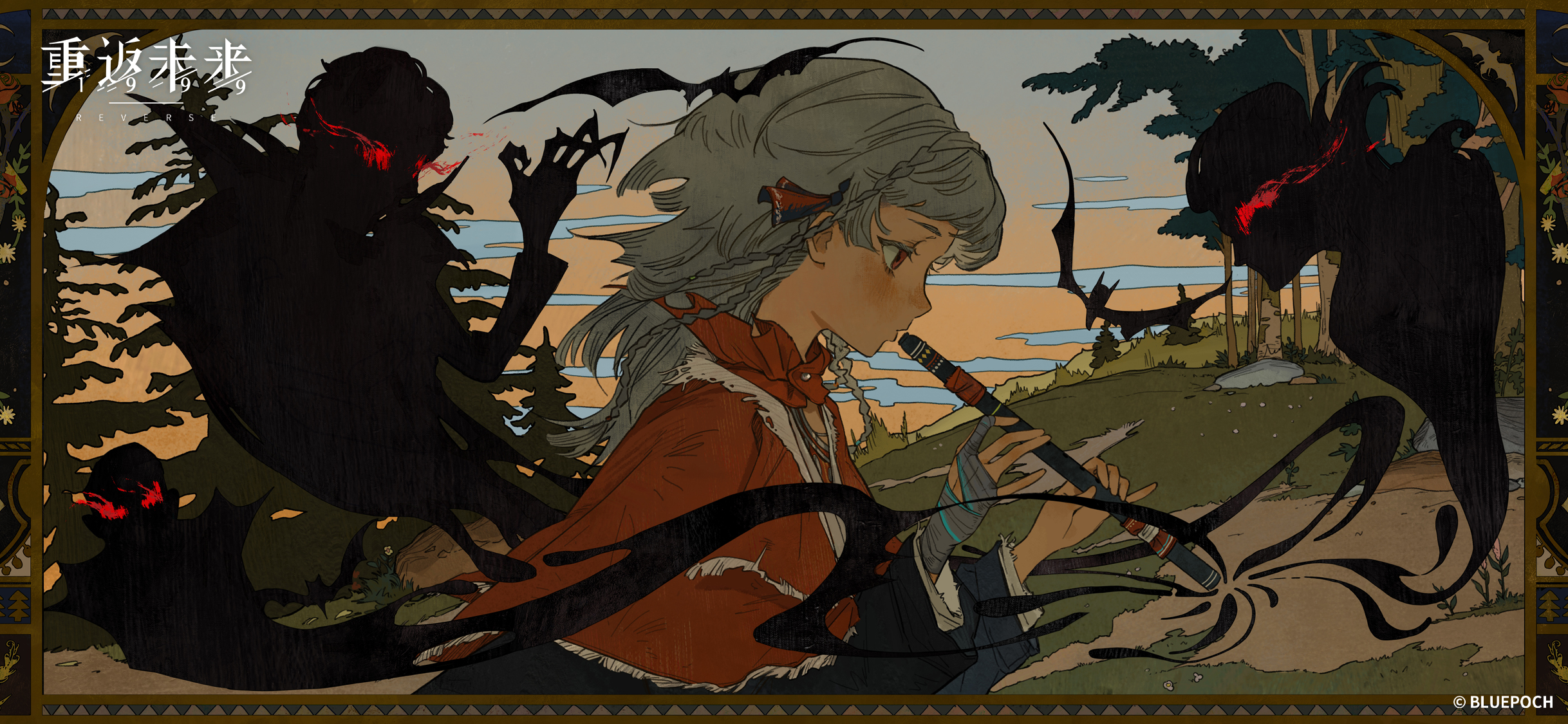 rubuska, reverse:1999, highres, official art, official wallpaper, 1girl, bat (animal), border, cloak, copyright name, copyright notice, fingerless gloves, flute, from side, gloves, gradient sky, grey gloves, grey hair, grey sky, hands up, hill, holding, holding flute, holding instrument, instrument, logo, medium hair, music, orange sky, ornate border, playing flute, playing instrument, profile, red cloak, red eyes, shadow, single glove, sky, solo, tree, upper body