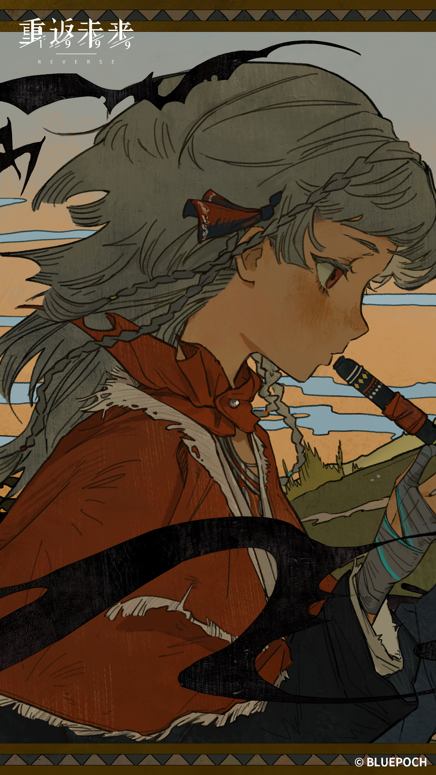 rubuska, reverse:1999, absurdres, highres, official art, official wallpaper, 1girl, bat (animal), border, cloak, copyright name, copyright notice, fingerless gloves, flute, from side, gloves, gradient sky, grey gloves, grey hair, grey sky, hands up, holding, holding flute, holding instrument, instrument, logo, medium hair, music, orange sky, ornate border, playing flute, playing instrument, profile, red cloak, red eyes, single glove, sky, solo, tree, upper body