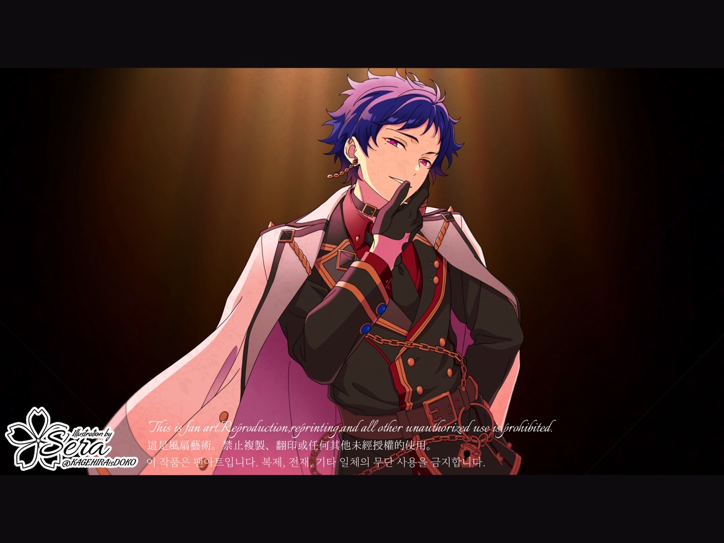 fushimi yuzuru, ensemble stars!, commentary, symbol-only commentary, 1boy, artist name, belt, belt buckle, belt collar, black belt, black gloves, blue hair, buckle, chain, chain earrings, clenched teeth, coat, coat on shoulders, collar, gloves, hand on own face, hand up, kagehira wa doko ka ne!, lapels, letterboxed, long sleeves, looking at viewer, male focus, notched lapels, official alternate costume, purple eyes, short bangs, short hair, solo, teeth, twitter username, upper body, watermark