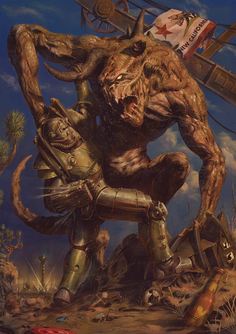 max58art, deathclaw, fallout, fallout: new vegas, official art, 1boy, armor, blood, blue sky, bottle, broken horn, brotherhood of steel, cityscape, claw mark, cloud, cloudy sky, desert, flag, horns, new california republic, power armor, power armor (fallout), power fist, punching, root beer, ruins, sand, size difference, sky, soda bottle, solo, stimpak (fallout), sunset sarsaparilla, tower