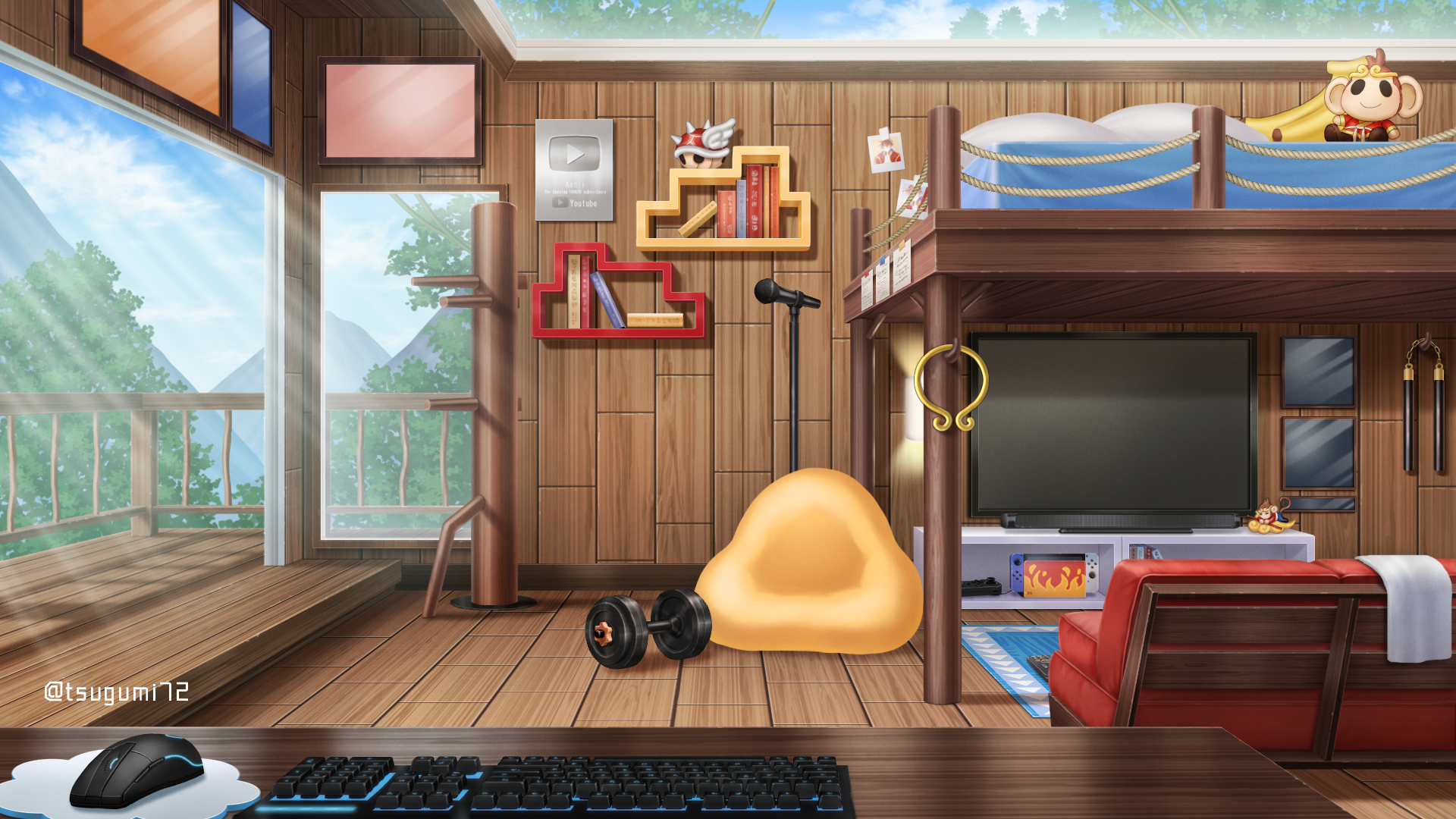 azuma hatori, sun kenji, sun wukong, indie virtual youtuber, journey to the west, mario (series), mario kart, nintendo, highres, official art, balcony, bean bag chair, bed, bedroom, bookshelf, computer keyboard, computer mouse, couch, day, dumbbell, flame print, glass ceiling, handheld game console, indoors, microphone, microphone stand, mountain, mousepad (object), mu ren zhuang, no humans, note, nunchaku, photo (object), picture frame, pillar, pillow, red shell (mario), rug, scenery, shelf, silver creator award, stuffed banana, stuffed monkey, sunlight, table, television, towel, tree, unworn headwear, weapon, wooden floor, wooden table, wooden wall, youtube creator award