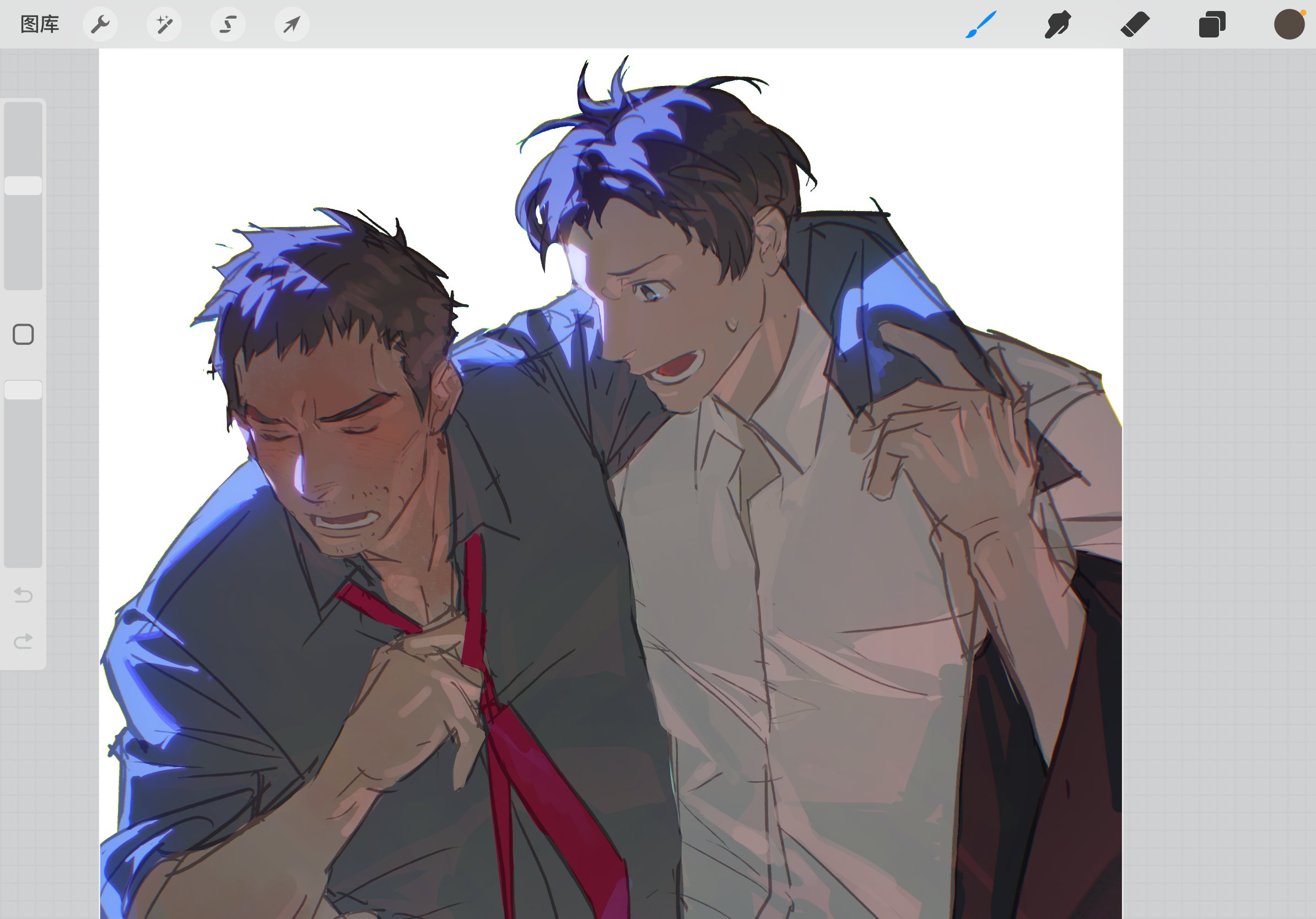 adachi tooru, doujima ryoutarou, persona, persona 4, commentary request, highres, 2boys, arm around shoulder, art program in frame, black hair, closed eyes, collared shirt, drunk, grey shirt, looking at another, male focus, multiple boys, necktie, open mouth, red necktie, shirt, short hair, sparse stubble, sweatdrop, white shirt, yinbito
