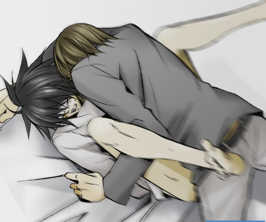 l (death note), yagami light, death note, 00s, 2boys, anal, bed, blindfold, clothed sex, male focus, male penetrated, multiple boys, sex, spread legs, yaoi