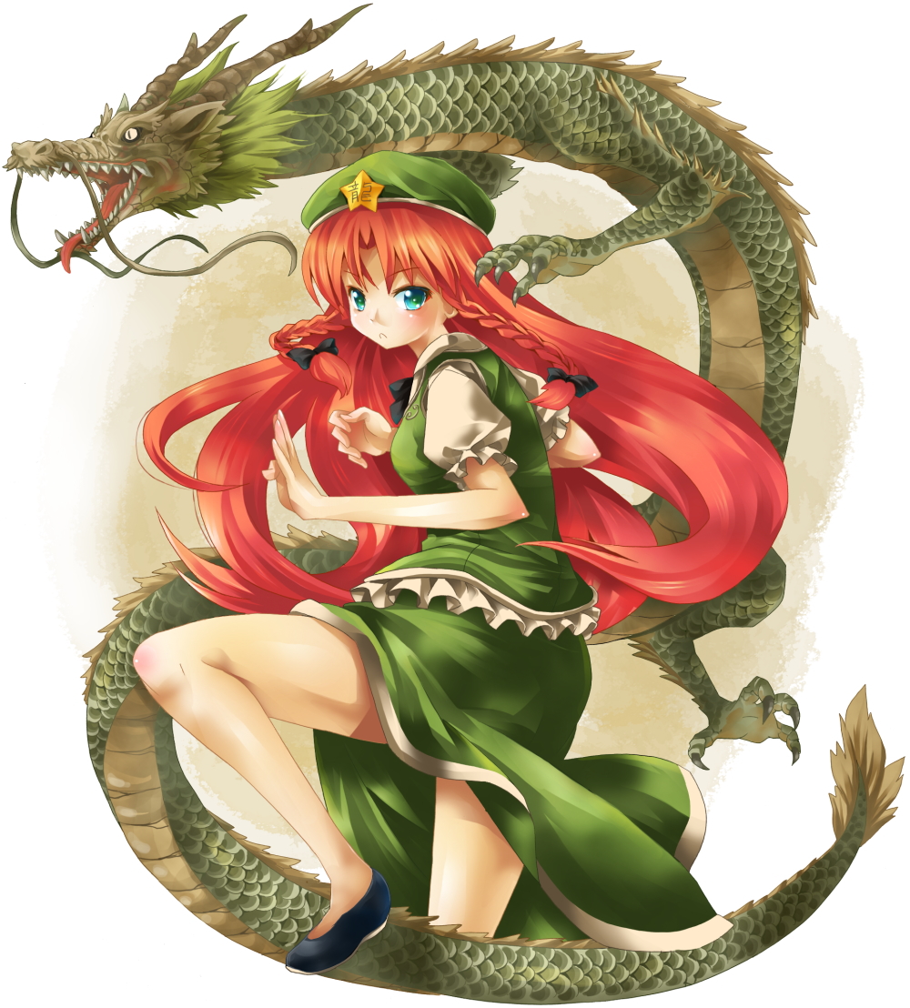 michii yuuki, hong meiling, immaterial and missing power, touhou, bad id, bad pixiv id, 1girl, :<, braid, dragon, eastern dragon, female focus, fighting stance, green eyes, hair ribbon, hat, long hair, red hair, ribbon, solo, star (symbol), twin braids, twintails, very long hair