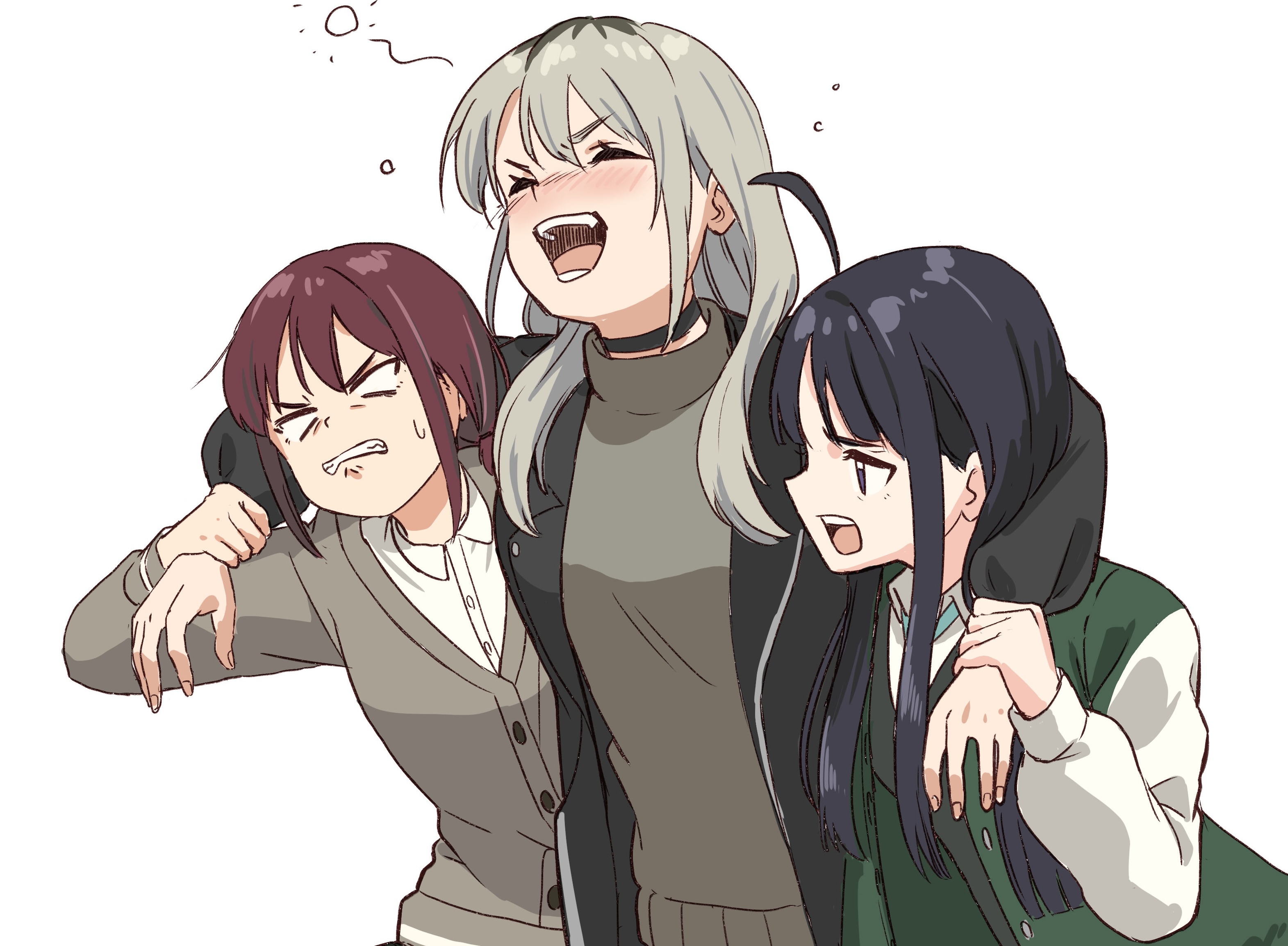 dededecopon, awa subaru, iseri nina, kawaragi momoka, girls band cry, highres, 3girls, ahoge, black choker, black hair, black jacket, brown cardigan, brown hair, cardigan, choker, closed eyes, dress shirt, drunk, green jacket, grey hair, jacket, long hair, low twintails, multicolored hair, multiple girls, open clothes, open jacket, open mouth, roots (hair), shirt, short hair, short twintails, sidelocks, simple background, teeth, twintails, white background, white shirt