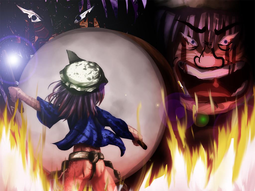 akashio (loli ace), letty whiterock, touhou, bad id, bad pixiv id, 1girl, ass, beret, black hair, cowboy shot, female focus, fire, frills, from behind, hat, monster, pants, short hair, solo, standing
