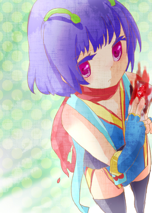 ninja (ragnarok online), ragnarok online, commentary request, 1girl, antennae, black thighhighs, blue dress, blue gloves, blush, closed mouth, cowboy shot, dress, expressionless, fingerless gloves, gloves, green background, jamco, looking at viewer, ninja, pink eyes, purple hair, ragfes, red scarf, scarf, short hair, sleeveless, sleeveless dress, solo, thighhighs