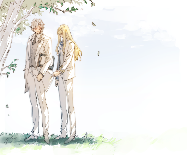 m-tobiei, kirschtaria wodime, marisbury animusphere, fate/grand order, fate (series), commentary, 2boys, alternate costume, arm at side, black necktie, blonde hair, blue ribbon, braid, carrying, carrying under arm, clipboard, closed mouth, clothes grab, collared shirt, day, falling leaves, formal clothes, from side, full body, gold trim, grass, grey vest, jacket, jacket grab, leaf, long hair, looking at another, looking down, male focus, medium hair, multiple boys, neck ribbon, necktie, no eyes, open clothes, open jacket, outdoors, pants, parted bangs, ribbon, shirt, shoes, single braid, standing, suit, tree, tree shade, vest, white hair, white jacket, white pants, white shirt, white shoes, white suit