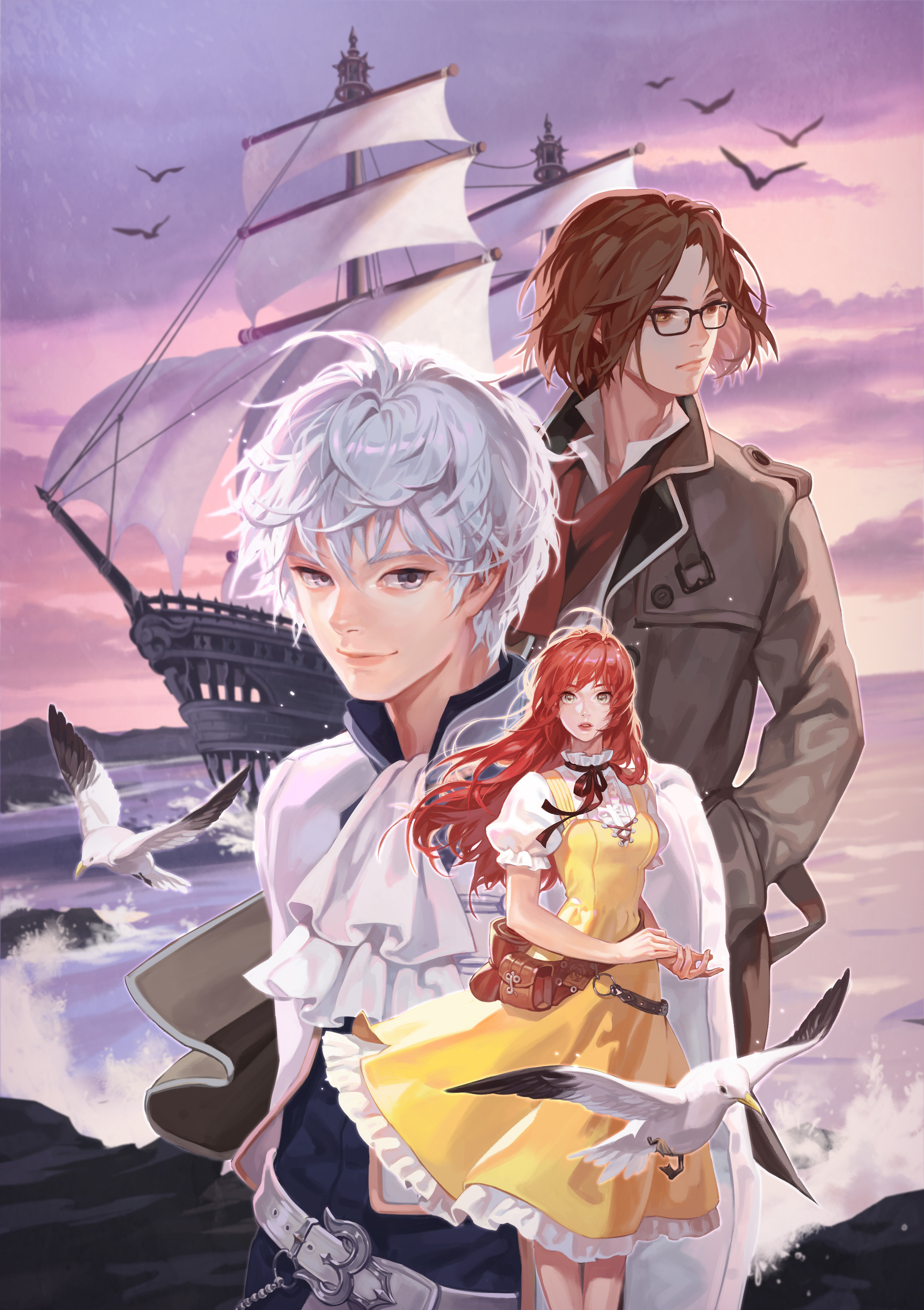 sang ah yoon, joshua von arnim, maximin liebkne, children of the rune, tales weaver, absurdres, commentary, english commentary, highres, official art, 1girl, 2boys, ascot, belt, belt buckle, bird, black-framed eyewear, black feathers, black wings, blue shirt, boat, brown belt, brown coat, brown hair, brown sleeves, buckle, buttons, center frills, clarice de avril, coat, collar, cross-laced clothes, cross-laced dress, dress, feathers, floating hair, frilled collar, frilled dress, frills, grey eyes, grey hair, jacket, lips, long hair, long sleeves, looking at viewer, medium hair, multiple boys, neck ribbon, nose, o-ring, ocean, pinafore dress, pouch, puffy short sleeves, puffy sleeves, purple sky, rectangular eyewear, red hair, red ribbon, ribbon, rock, sail, seagull, shirt, short sleeves, sidelighting, sky, sleeveless, sleeveless dress, smile, undershirt, water, watercraft, white ascot, white feathers, white jacket, white shirt, white sleeves, white wings, wings, yellow dress