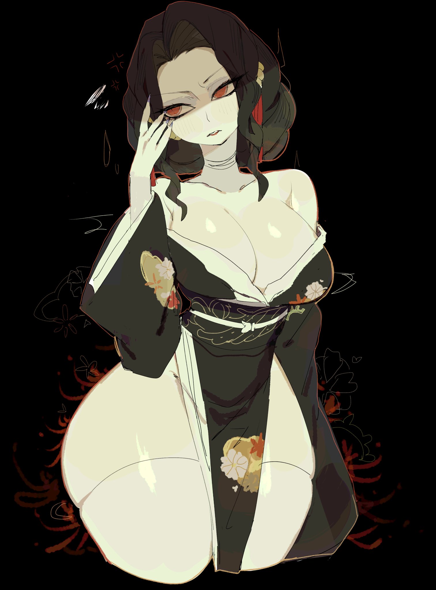 usa37107692, kibutsuji muzan, kibutsuji muzan (female), kimetsu no yaiba, commentary, highres, 1girl, black hair, black kimono, black sash, breasts, collarbone, fingernails, index finger raised, japanese clothes, kimono, long hair, looking at viewer, obi, off shoulder, pelvic curtain, print kimono, red eyes, sash, sharp fingernails, solo, thighhighs, white thighhighs