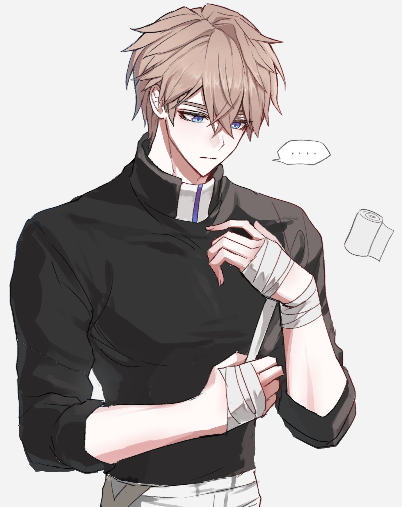 gepard landau, honkai: star rail, honkai (series), highres, …, 1boy, bandaged hand, bandages, black shirt, blue eyes, brown hair, closed mouth, grey background, hair between eyes, hand up, kyt394, male focus, shirt, short hair, simple background, solo, spoken ellipsis, three-quarter sleeves, turtleneck, upper body