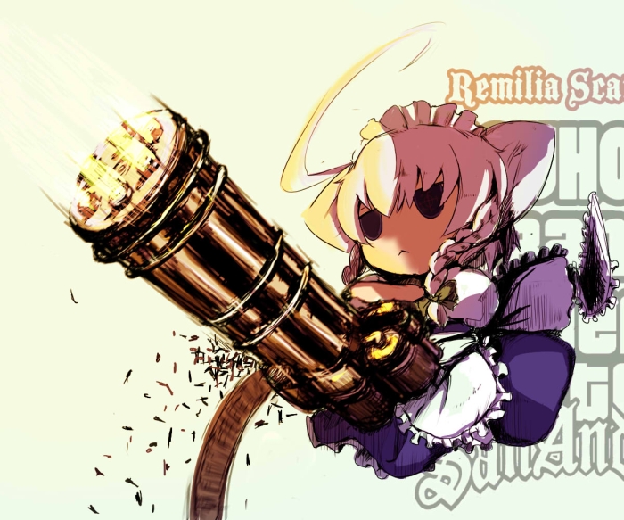 taichi (tomo), inu sakuya (nejikirio), izayoi sakuya, grand theft auto, grand theft auto: san andreas, rockstar, touhou, silver hair, 1girl, ahoge, ammunition belt, ammunition chute, animal ears, braid, character name, copyright name, dog ears, female focus, gatling gun, gun, huge ahoge, parody, short hair, solo, twin braids, weapon