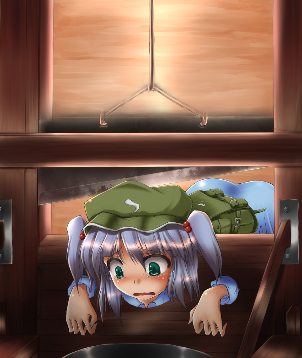 shimo (depthbomb), kawashiro nitori, touhou, 1girl, backpack, bad end, bag, blue eyes, blue hair, execution, female focus, guillotine, hair bobbles, hair ornament, hat, imminent death, matching hair/eyes, motion blur, open mouth, pillory, randoseru, restrained, short hair, solo, stationary restraints, stocks, tears, twintails, two side up